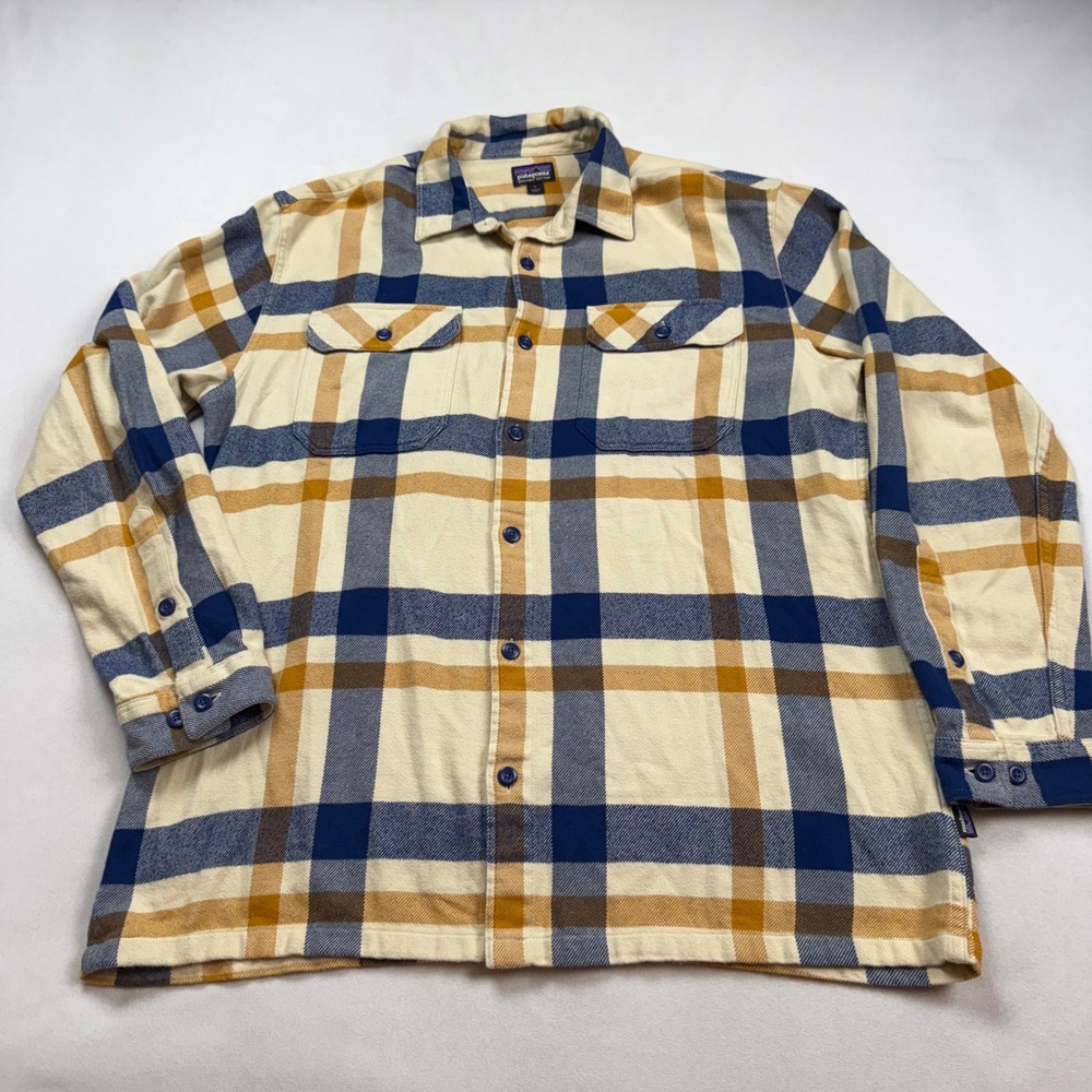 Patagonia Mens L Fjord Flannel Shirt Plaid Organic Cotton Blue Yellow 53947 FA15